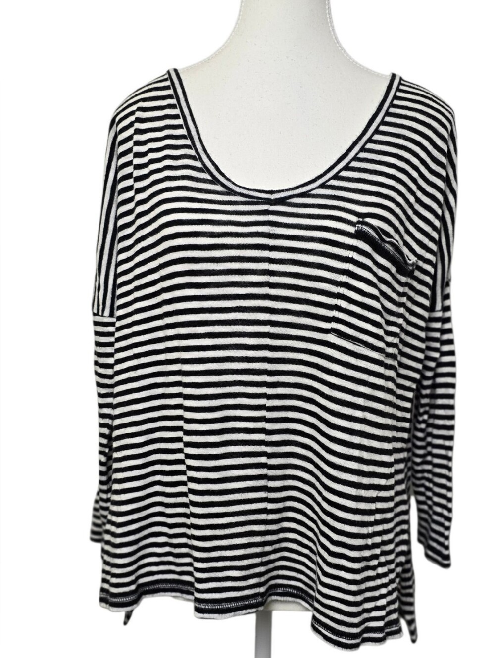 Madewell Striped V-Neck Batwing 3/4 Sleeve Cotton Knit Sweater Medium Coastal